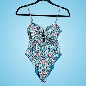 BECCA by Rebecca Virtue Swimsuit Mosaic Shirred Front One Piece Blue/Green 🌞🌴